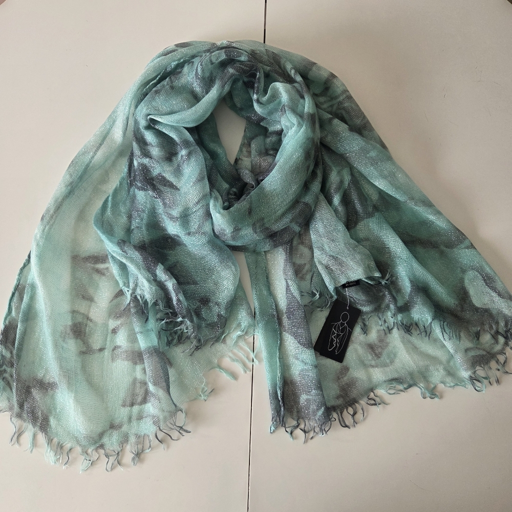 NWT Cejon Rose Print Floral Metallic Shimmer Sheer Gauze Scarf 41×74 In